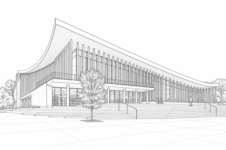 Building converted into a detailed architectural line drawing
