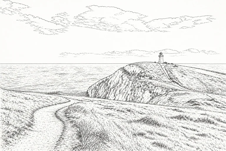 Landscape line drawing with open spaces for coloring